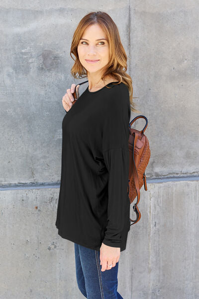 Basic Bae Full Size Round Neck Dropped Shoulder Shirt - NeoKira Unlimited