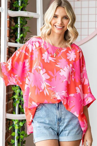First Love Slit Printed Round Neck Half Sleeve Blouse - NeoKira Unlimited