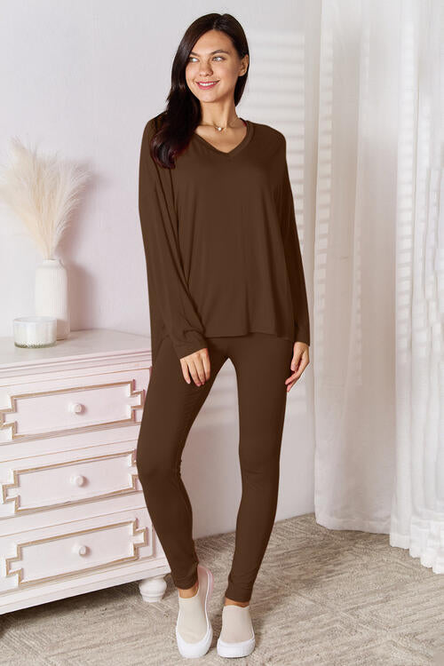 Basic Bae Full Size V-Neck Soft Rayon Long Sleeve Top and Pants Lounge Set Loungewear Trendsi   