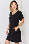 Zenana Full Size Rolled Short Sleeve V-Neck Dress Mini Dress Trendsi   