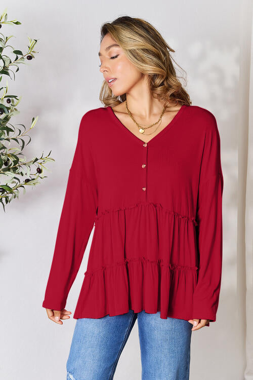 Double Take Half Button Long Sleeve Ruffle Hem Blouse - NeoKira Unlimited
