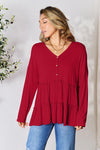 Double Take Half Button Long Sleeve Ruffle Hem Blouse Blouse Trendsi   