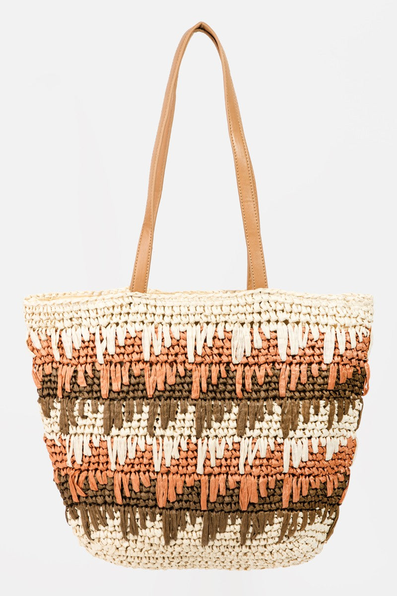 Fame Straw Braided Striped Tote Bag Tote Bag Trendsi IV One Size 