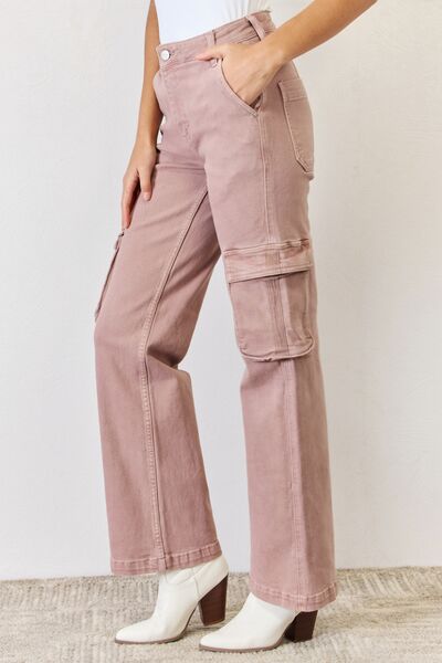 RISEN Full Size High Rise Cargo Wide Leg Jeans Jeans Trendsi   