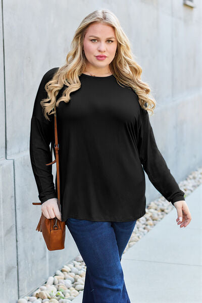 Basic Bae Full Size Round Neck Dropped Shoulder Shirt - NeoKira Unlimited
