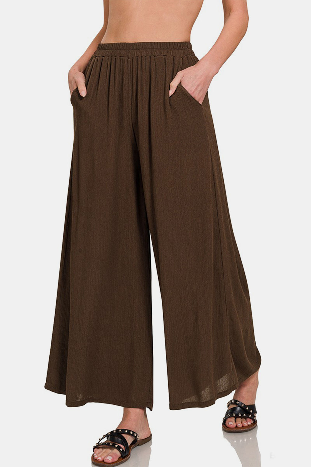 Zenana Woven Wide Leg Pants With Pockets Pants Trendsi BROWN S 