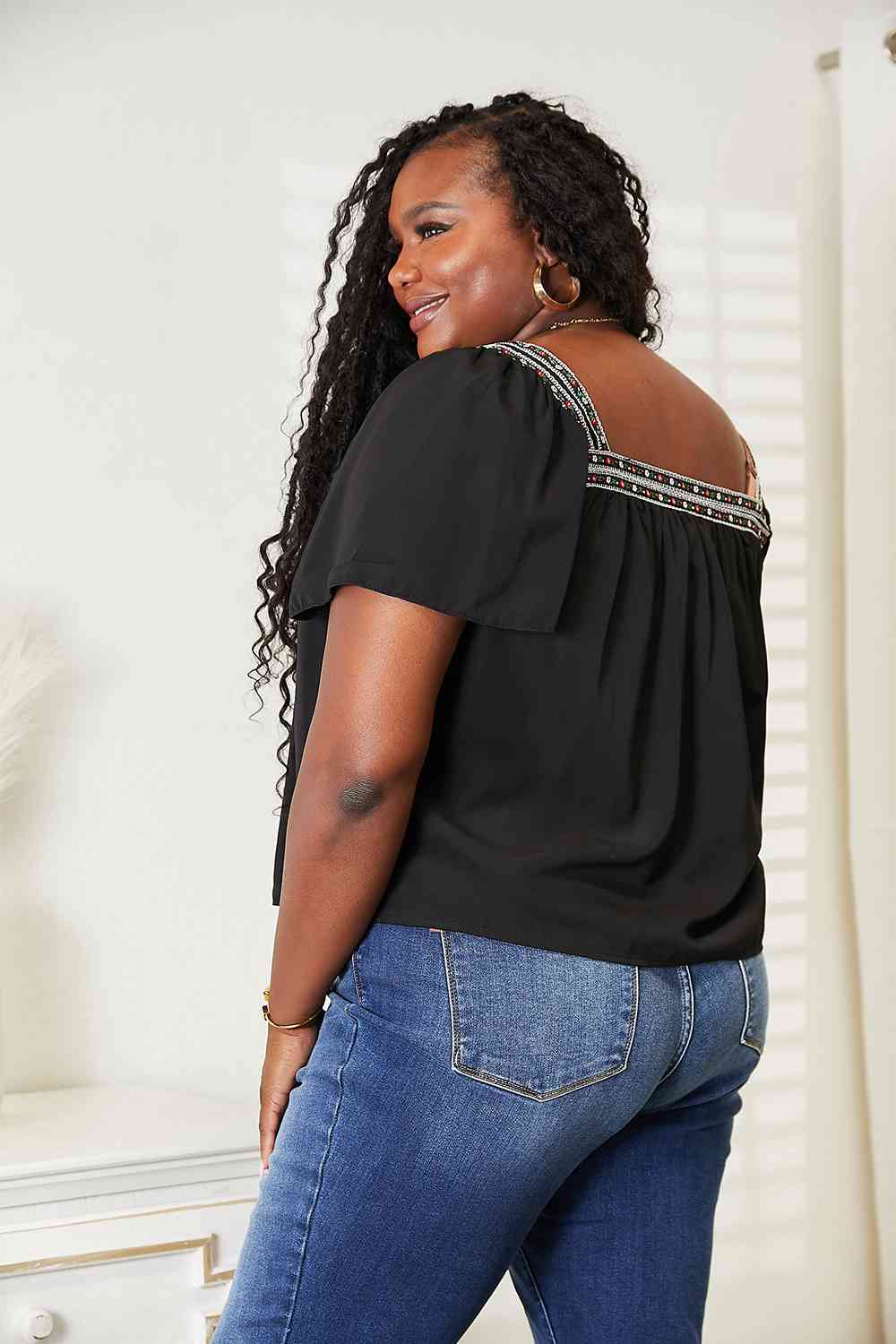 Honey Contrast Square Neck Puff Sleeve Blouse - NeoKira Unlimited