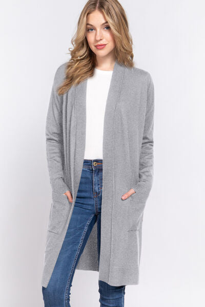 ACTIVE BASIC Open Front Rib Trim Long Sleeve Knit Cardigan Cardigan Trendsi HGREY S 