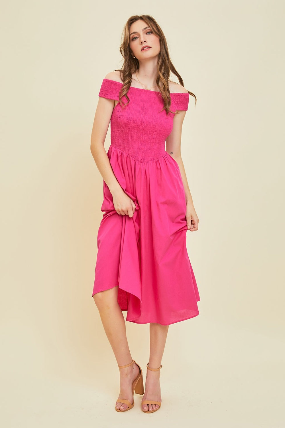 HEYSON Off-Shoulder Smocked Midi Dress - NeoKira Unlimited