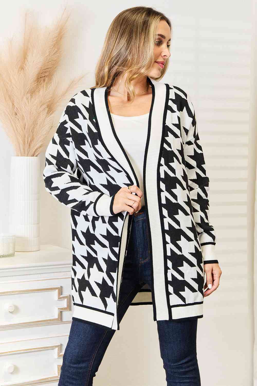 Woven Right Houndstooth Open Front Longline Cardigan Cardigan Trendsi Black S 