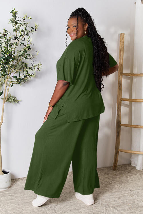 Double Take Full Size Round Neck Slit Top and Pants Set - NeoKira Unlimited