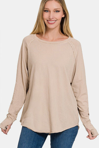 Zenana Round Neck Thumbhole Long Sleeve Top Top Trendsi LT MOCHA S 