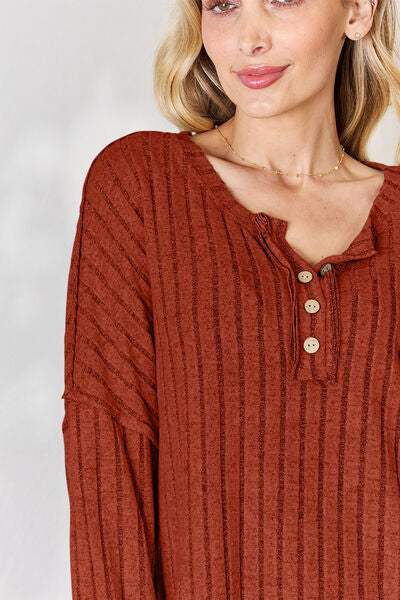 Basic Bae Full Size Ribbed Half Button Long Sleeve Top - NeoKira Unlimited