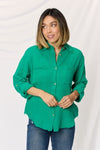 Zenana Texture Button Up Raw Hem Long Sleeve Shirt Top Trendsi KGREEN S 