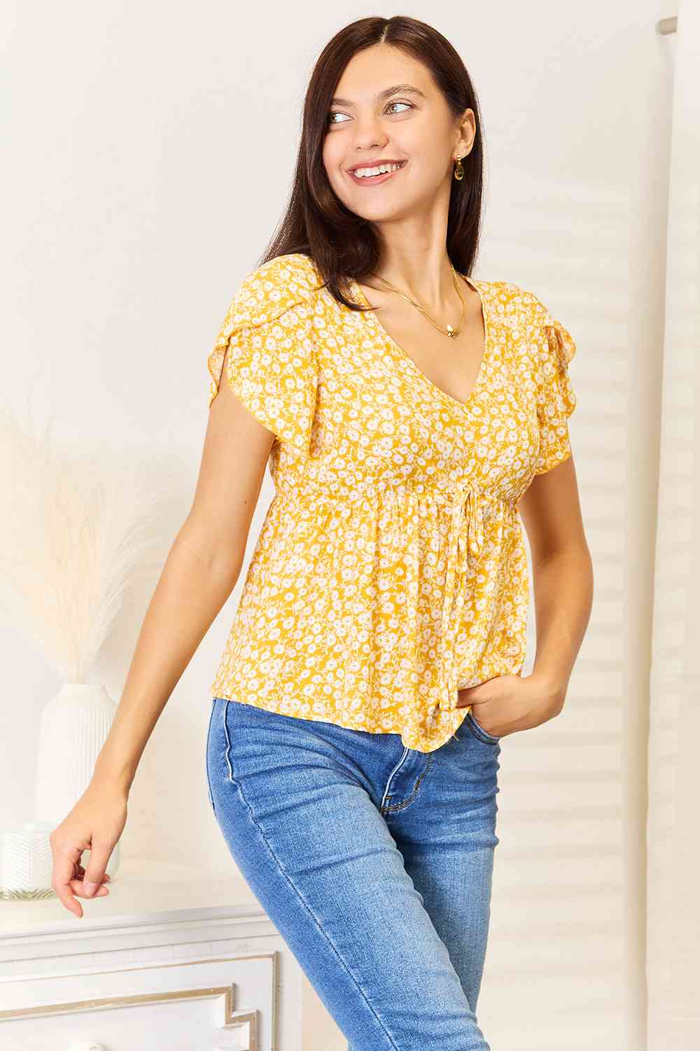 Double Take Floral Petal Sleeve Babydoll Top Top Trendsi   