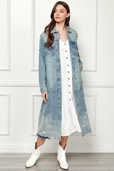 Veveret Full Size Distressed Raw Hem Pearl Detail Button Up Jacket Jacket Trendsi   