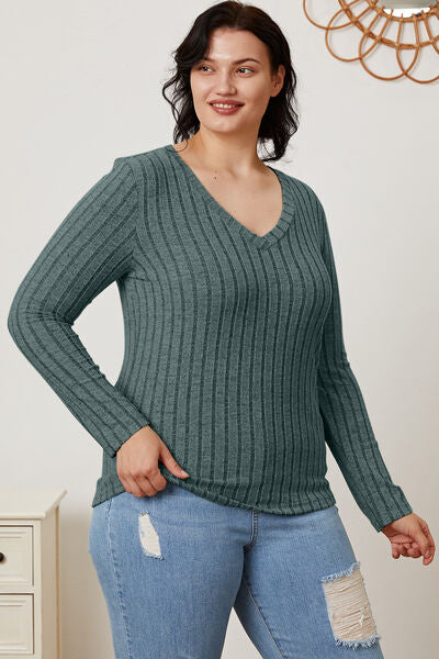 Basic Bae Full Size Ribbed V-Neck Long Sleeve Shirt - NeoKira Unlimited