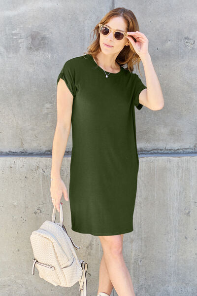 Basic Bae Full Size Round Neck Short Sleeve Dress with Pockets Mini Dress Trendsi Moss S 