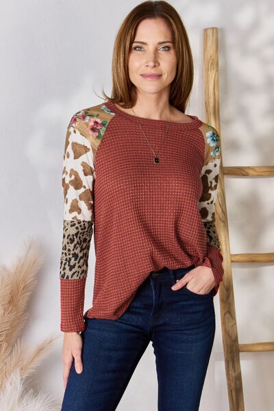 Hailey & Co Full Size Leopard Waffle-Knit Blouse - NeoKira Unlimited