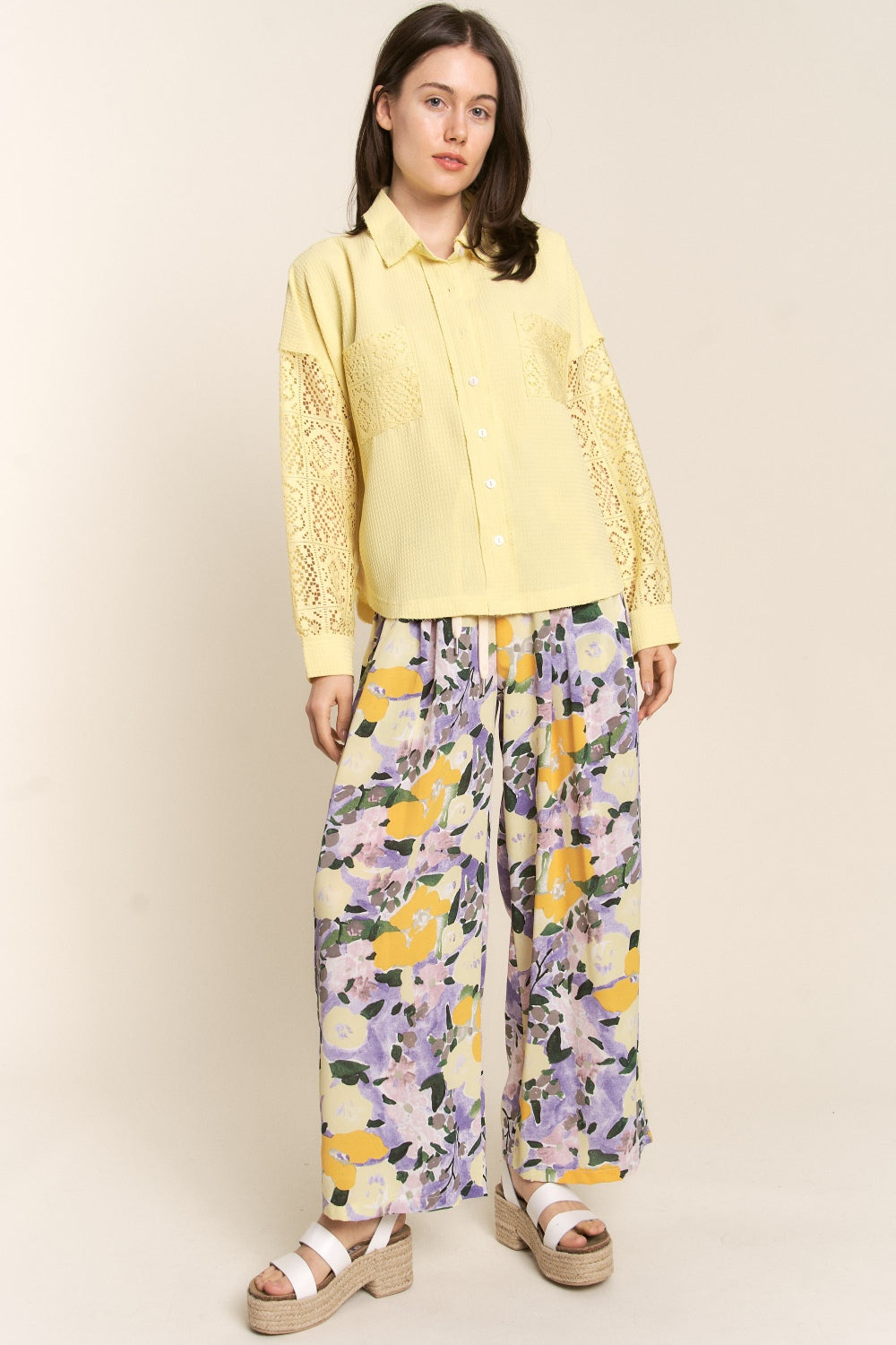 J.NNA Button Down Lace Long Sleeve Waffle Shirt - NeoKira Unlimited