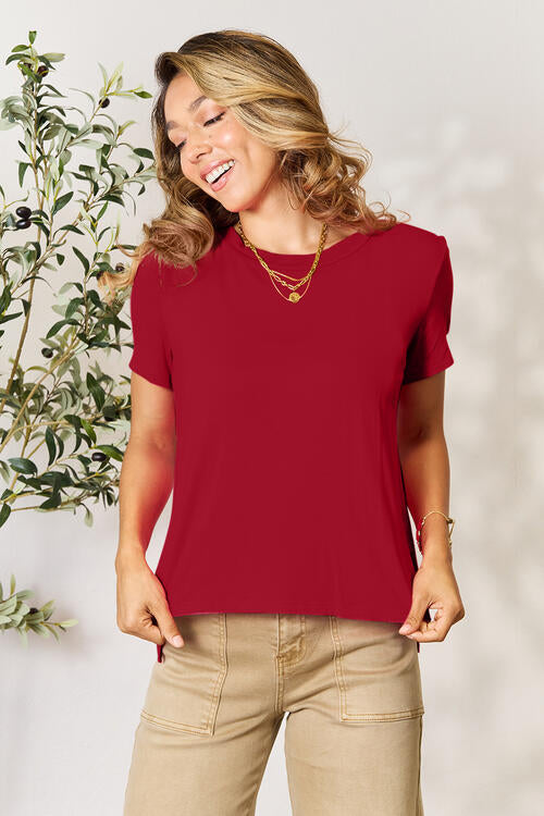 Basic Bae Full Size Round Neck Short Sleeve T-Shirt T-Shirt Trendsi Deep Red S 