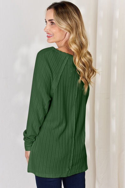 Basic Bae Full Size Ribbed Round Neck Slit Shirt - NeoKira Unlimited