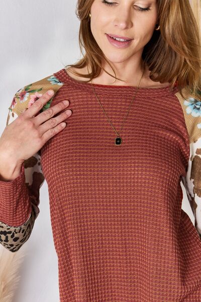 Hailey & Co Full Size Leopard Waffle-Knit Blouse - NeoKira Unlimited