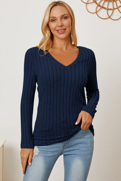 Basic Bae Full Size Ribbed V-Neck Long Sleeve Shirt - NeoKira Unlimited
