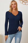 Basic Bae Full Size Ribbed V-Neck Long Sleeve Shirt Top Trendsi Peacock  Blue S 