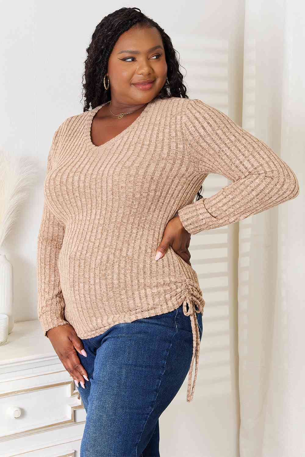 Double Take Drawstring Ribbed Long Sleeve T-Shirt Top Trendsi   