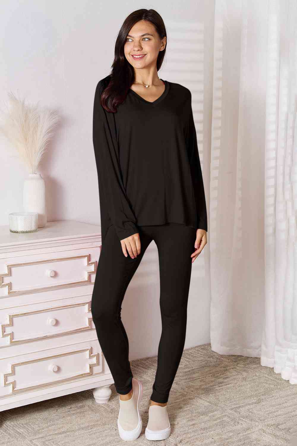 Basic Bae Full Size V-Neck Soft Rayon Long Sleeve Top and Pants Lounge Set Loungewear Trendsi Black S 