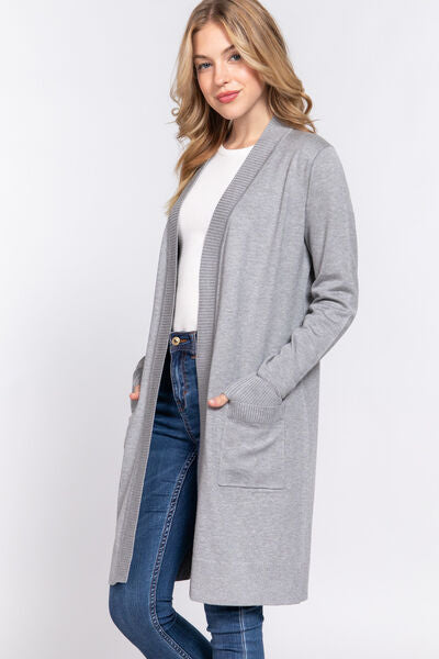 ACTIVE BASIC Open Front Rib Trim Long Sleeve Knit Cardigan Cardigan Trendsi   