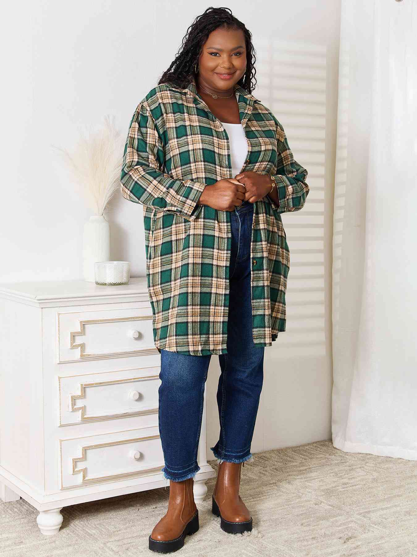 Double Take Plaid Collared Neck Long Sleeve Shirt - NeoKira Unlimited