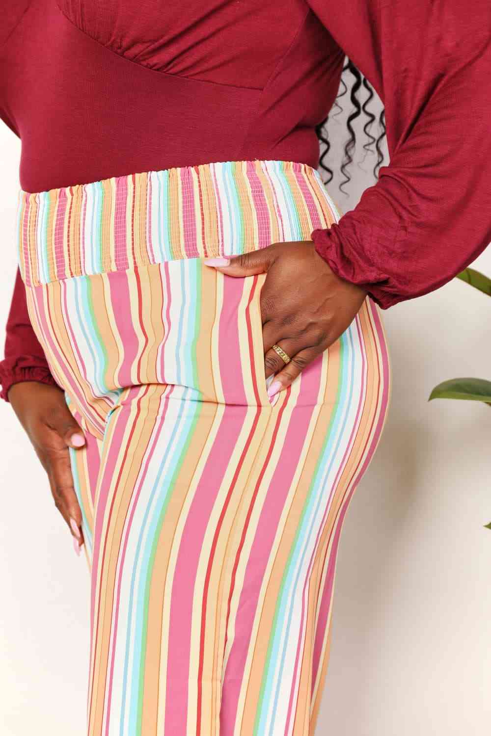 Double Take Striped Smocked Waist Pants with Pockets Pants Trendsi   