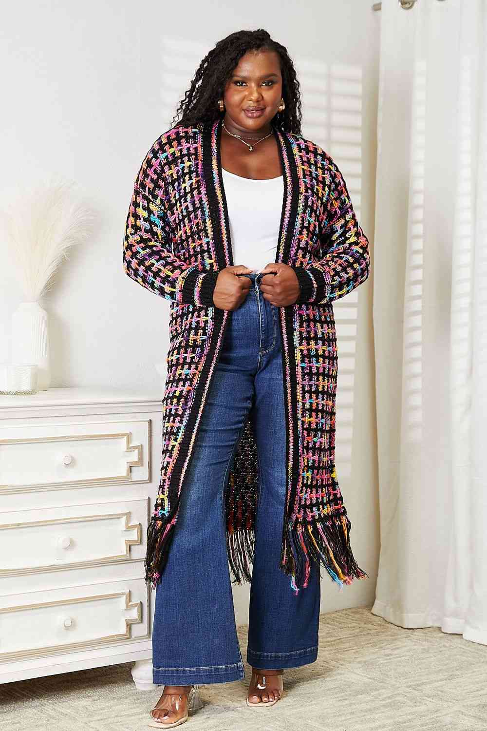 Double Take Full Size Multicolored Open Front Fringe Hem Cardigan Cardigan Trendsi Multicolor S 