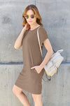 Basic Bae Full Size Round Neck Short Sleeve Dress with Pockets Mini Dress Trendsi Camel S 