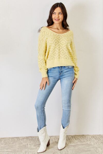 HYFVE V-Neck Patterned Long Sleeve Sweater Sweater Trendsi   