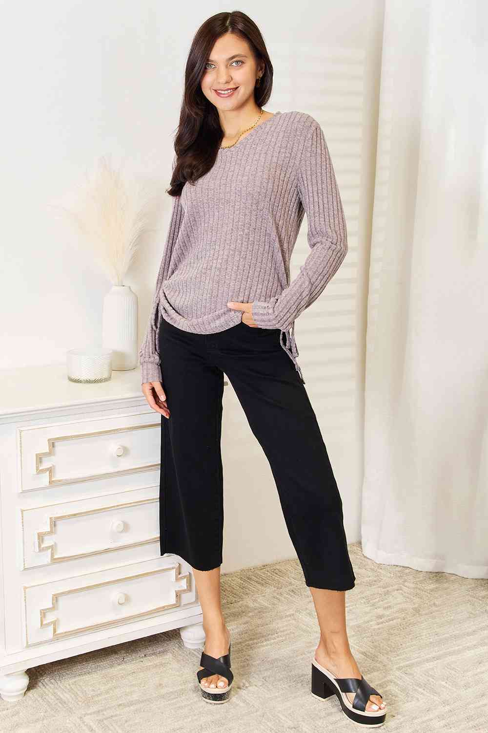 Double Take Drawstring Ribbed Long Sleeve T-Shirt Top Trendsi   