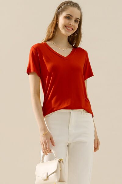 Ninexis Full Size V-Neck Short Sleeve T-Shirt T-Shirt Trendsi RED S 