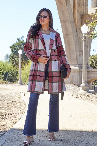 Double Take Full Size Plaid Button Up Lapel Collar Coat Coat Trendsi Deep Red S 