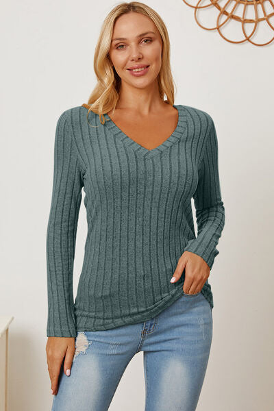 Basic Bae Full Size Ribbed V-Neck Long Sleeve Shirt - NeoKira Unlimited