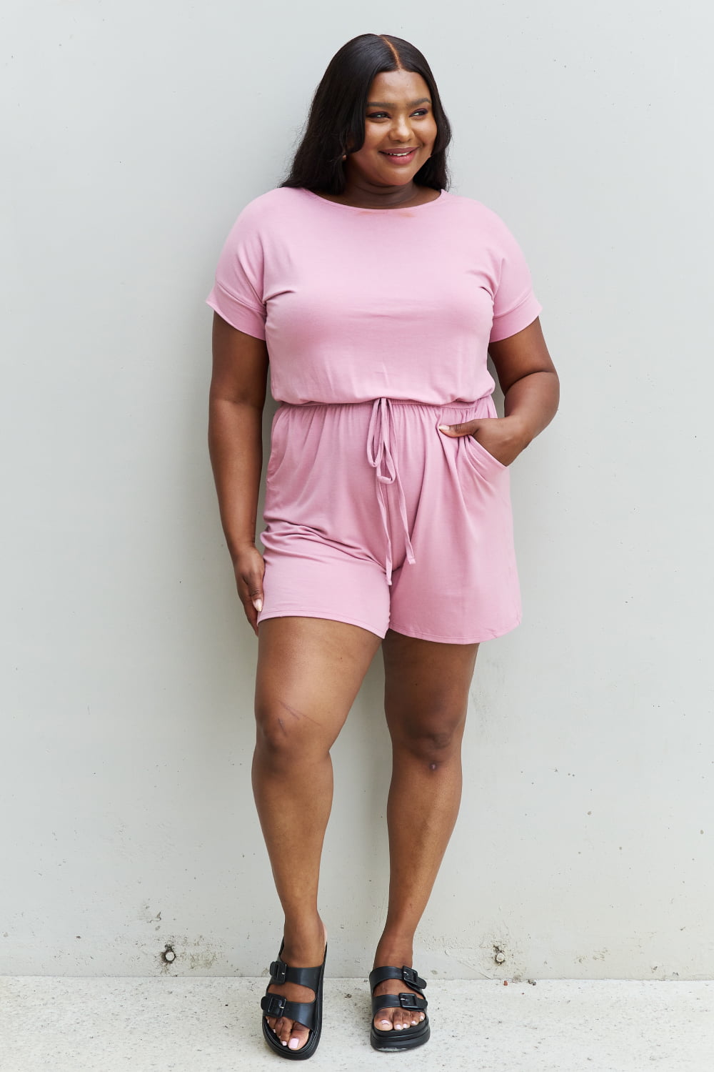 Zenana Chilled Out Full Size Short Sleeve Romper in Light Carnation Pink Romper Trendsi   