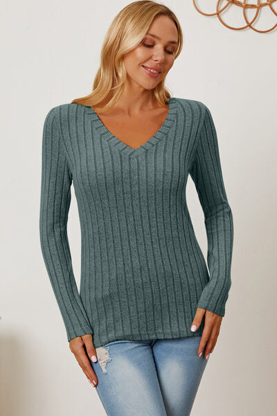 Basic Bae Full Size Ribbed V-Neck Long Sleeve Shirt - NeoKira Unlimited