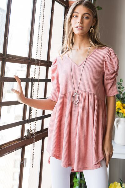 Heimish Full Size Waffle Knit V-Neck Babydoll Top - NeoKira Unlimited