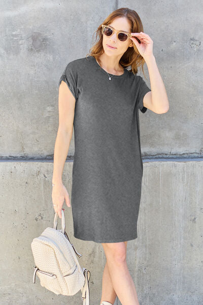 Basic Bae Full Size Round Neck Short Sleeve Dress with Pockets Mini Dress Trendsi Heather Gray S 