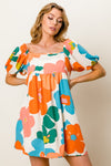 BiBi Floral Puff Sleeve Mini Dress Mini Dress Trendsi Cream/Orange/Blue S 