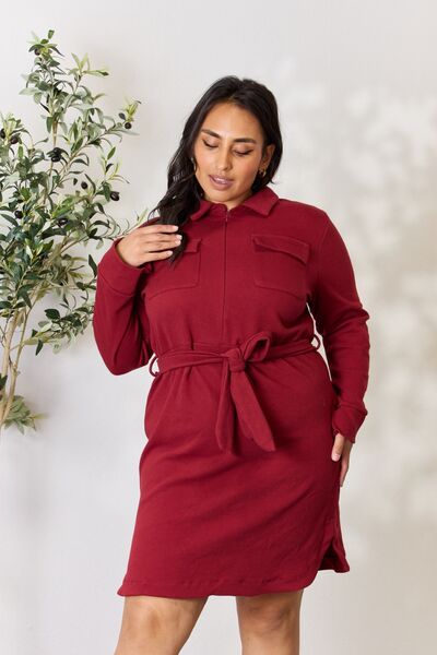 Culture Code Full Size Tie Front Half Zip Long Sleeve Shirt Dress - NeoKira Unlimited