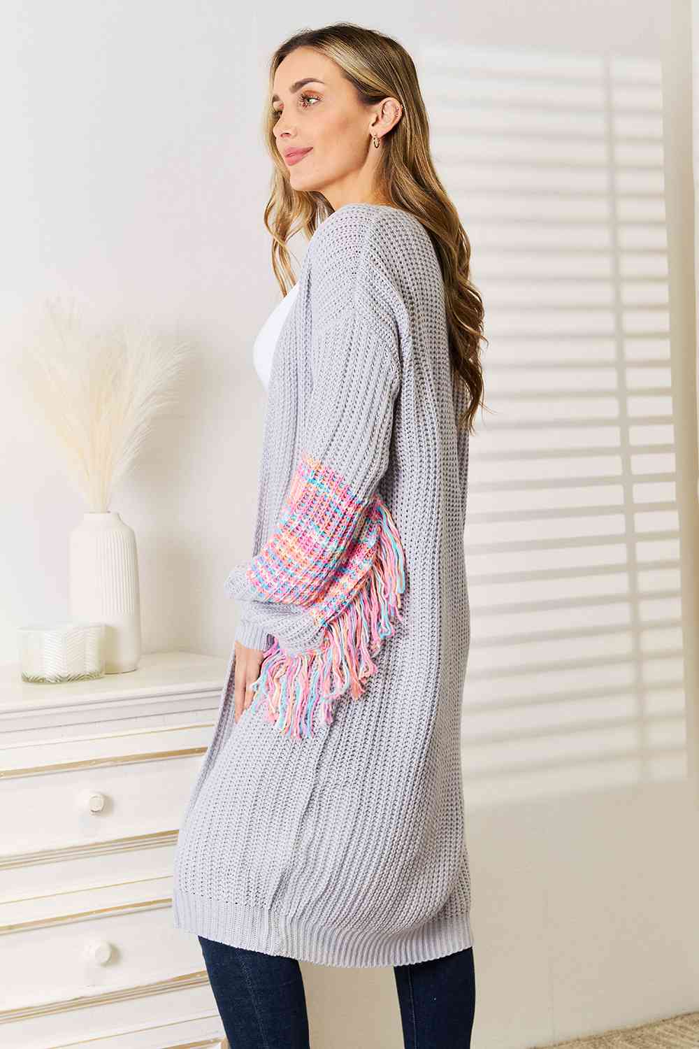 Woven Right Fringe Sleeve Dropped Shoulder Cardigan - NeoKira Unlimited