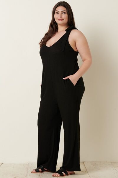 Mittoshop Rib Knit V-Neck Cross Back Jumpsuit - NeoKira Unlimited