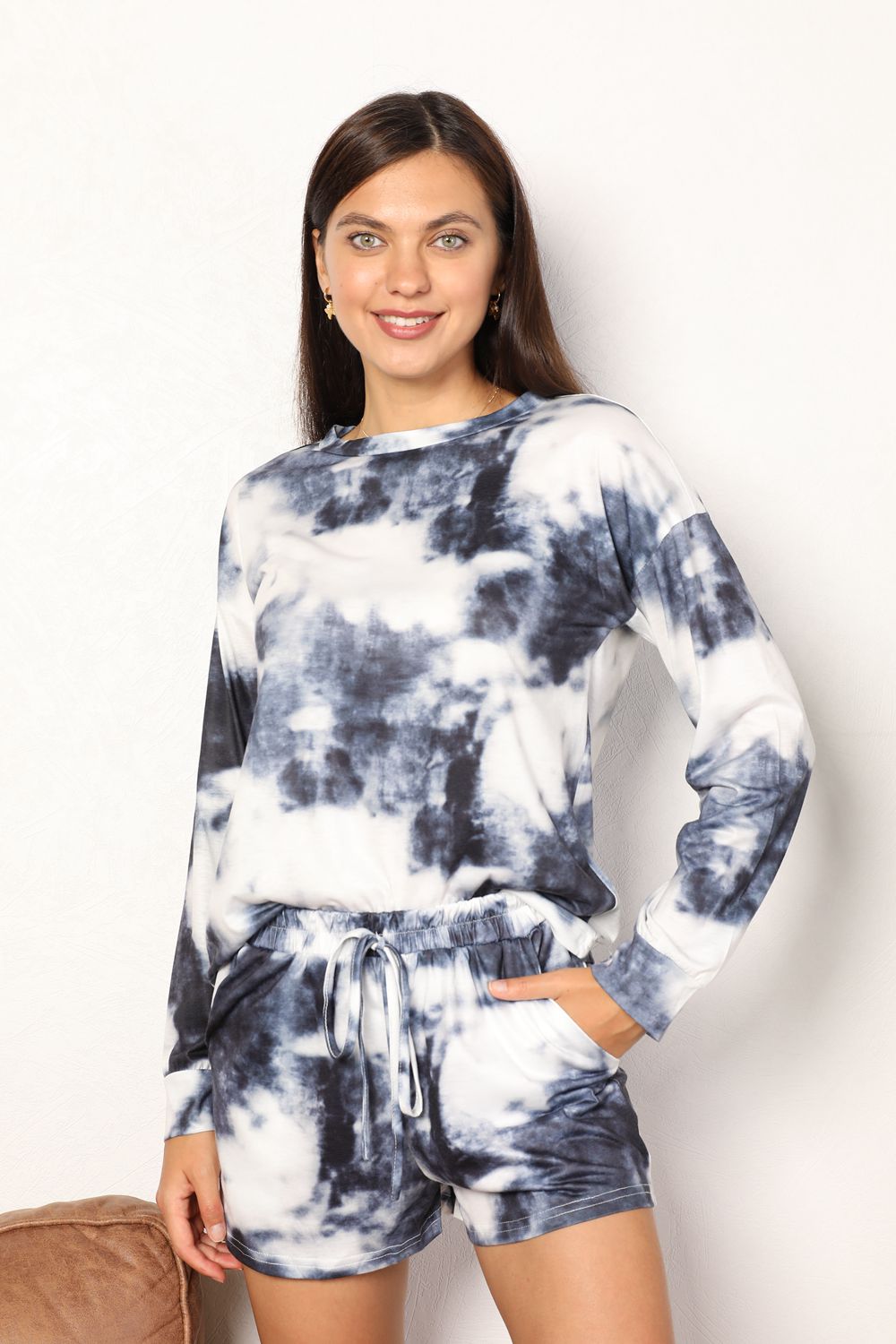 Double Take Tie-Dye Round Neck Top and Shorts Lounge Set Loungewear Trendsi   